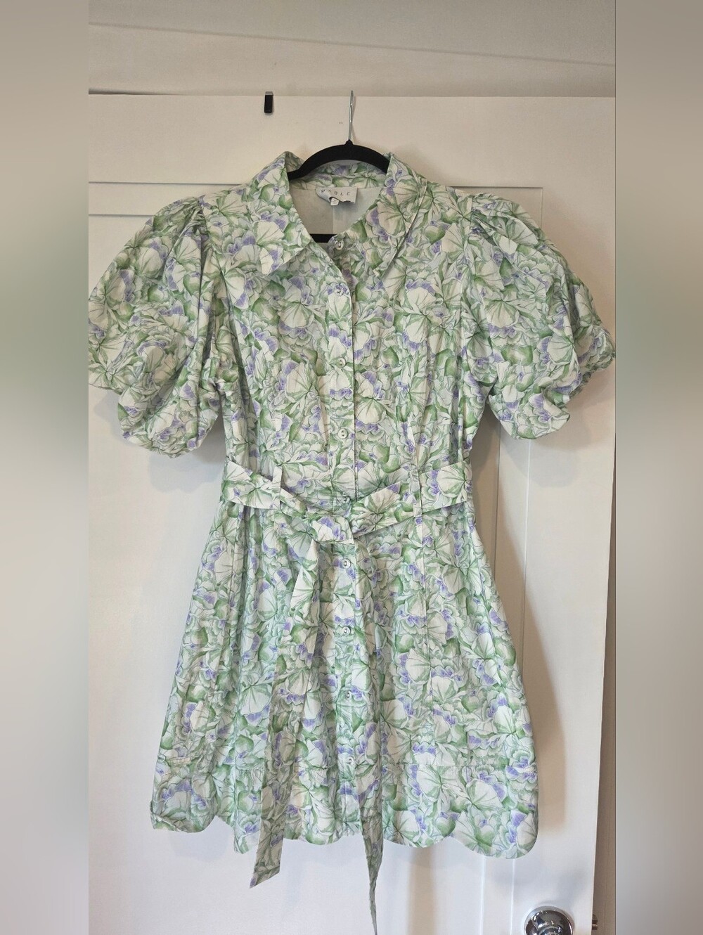 Floral Puff-Sleeve Mini Dress in Green and Lilac